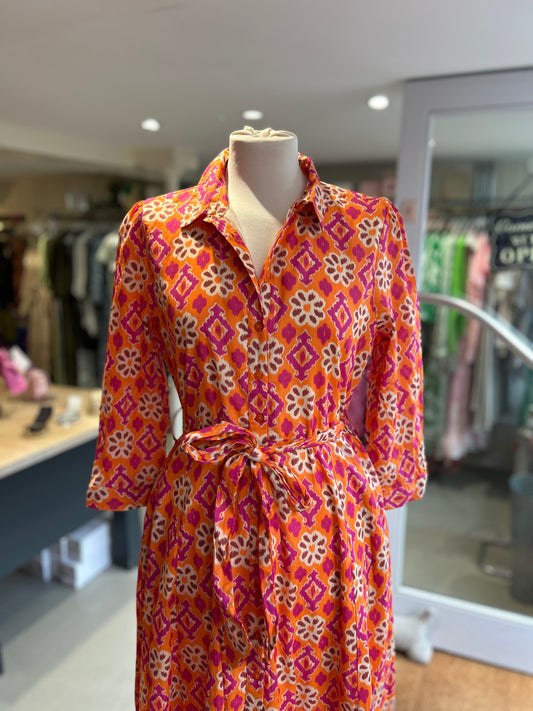 Mid-Sleeve Button Down Patterned Shirtdress - Orange & Pink