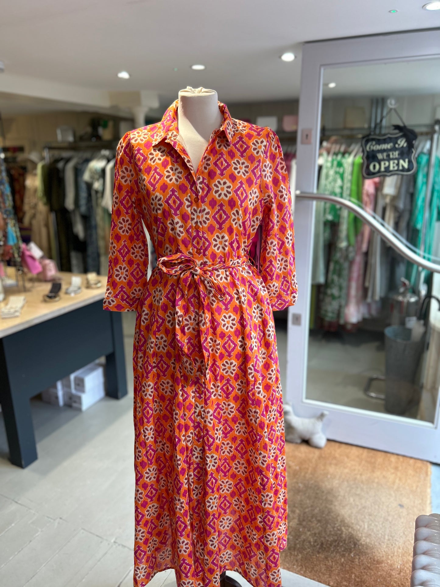 Mid-Sleeve Button Down Patterned Shirtdress - Orange & Pink