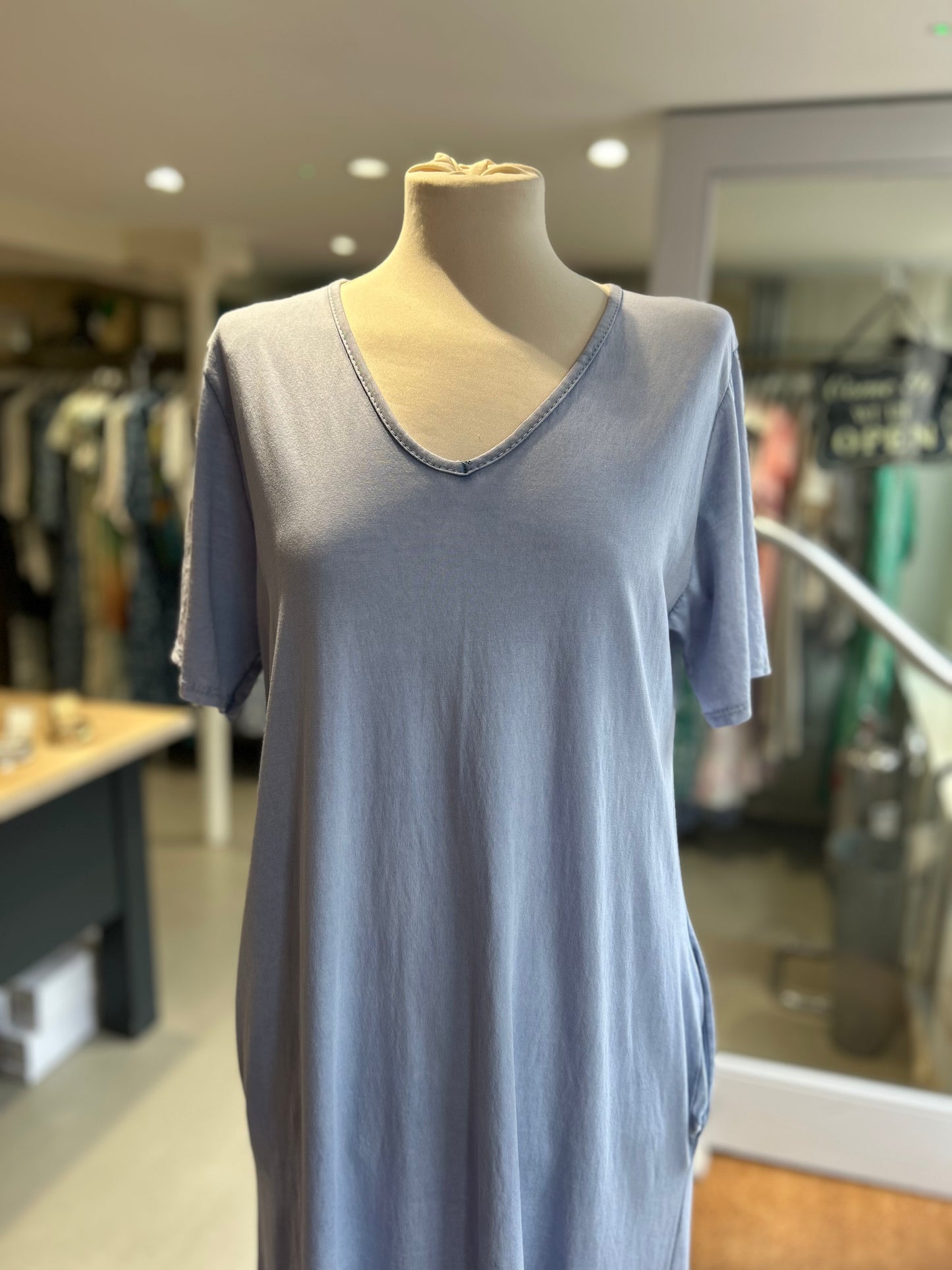 Basic V Neck Short-Sleeve Dress - Blue