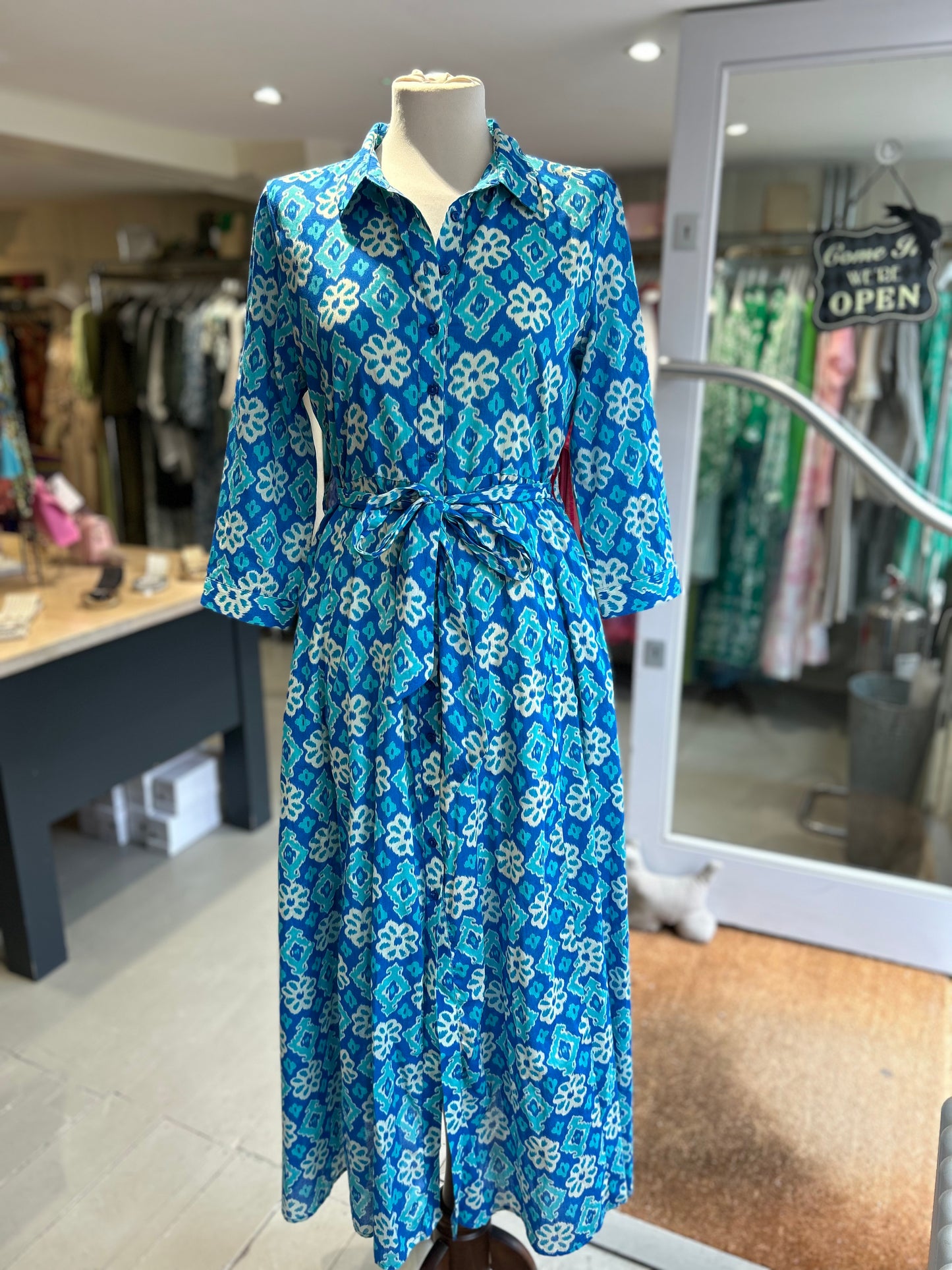 Mid-Sleeve Button Down Patterned Shirtdress - Turquoise & Sky Blue
