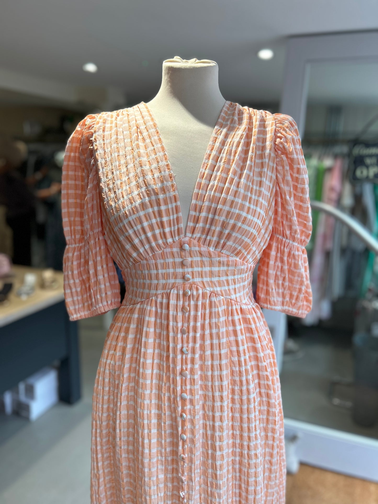 Puff Sleeve Gingham Button-Down Dress - Orange