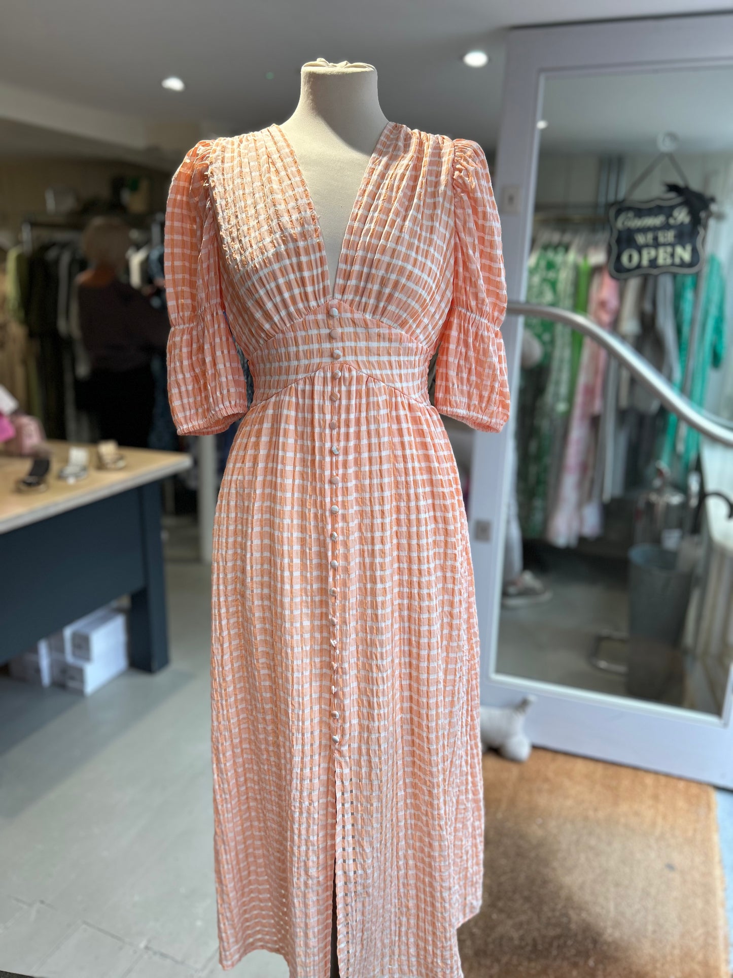 Puff Sleeve Gingham Button-Down Dress - Orange