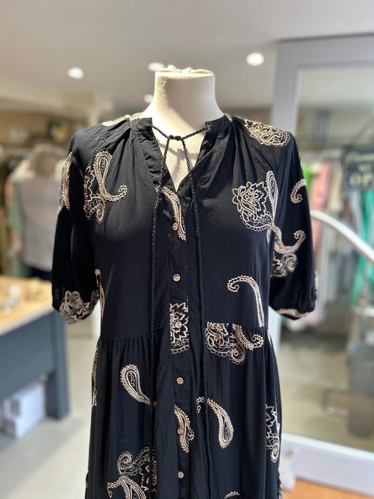 Printed Button Down Short Dress with Tassels - Black & Gold