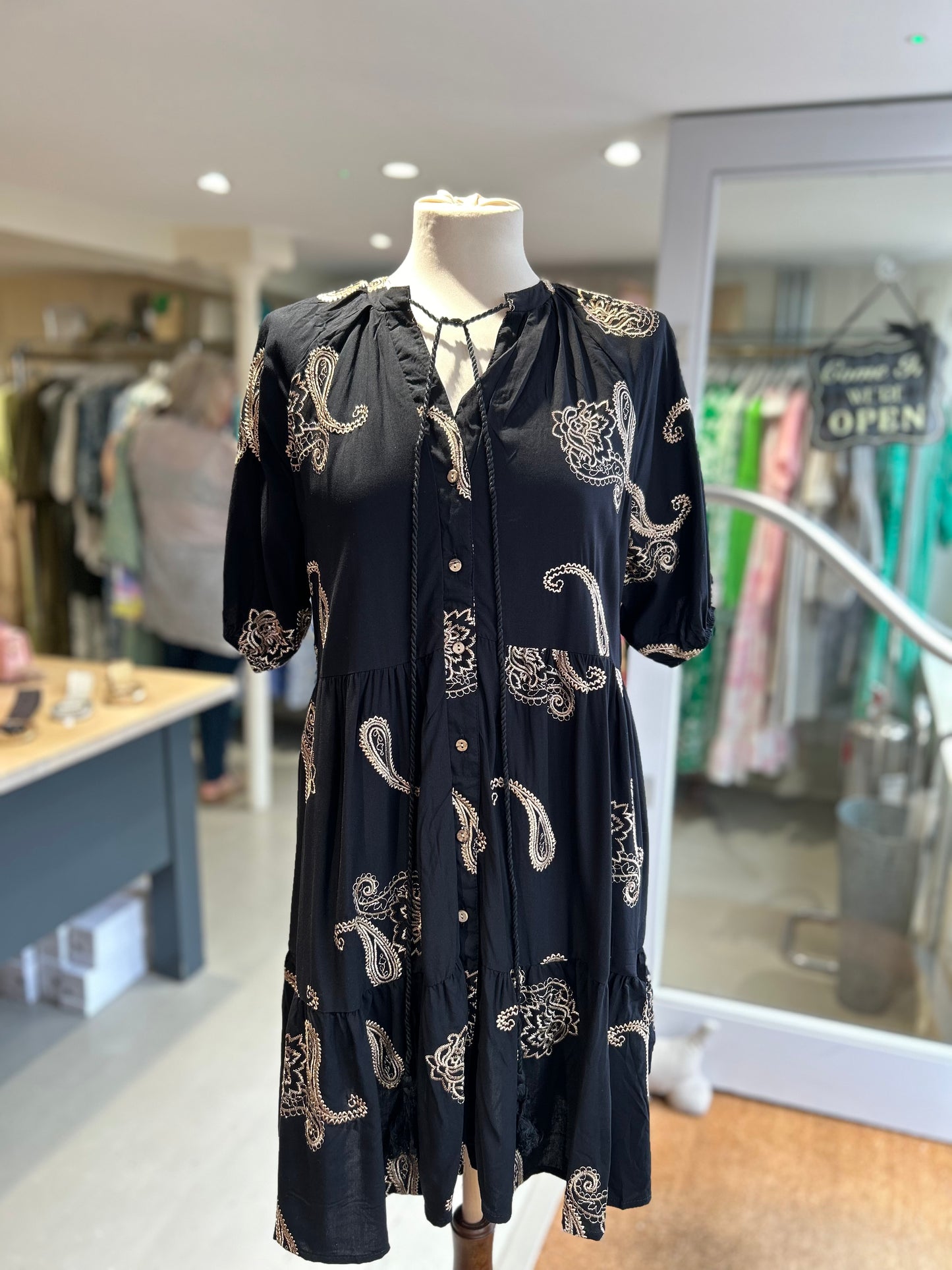 Printed Button Down Short Dress with Tassels - Black & Gold