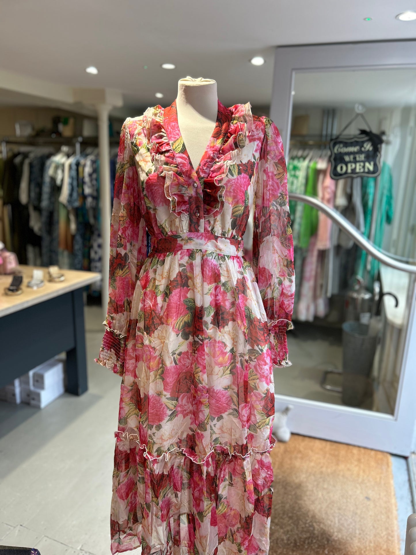 Chiffon Floral Printed Puff Long Sleeve Maxi Dress - Red & Pink