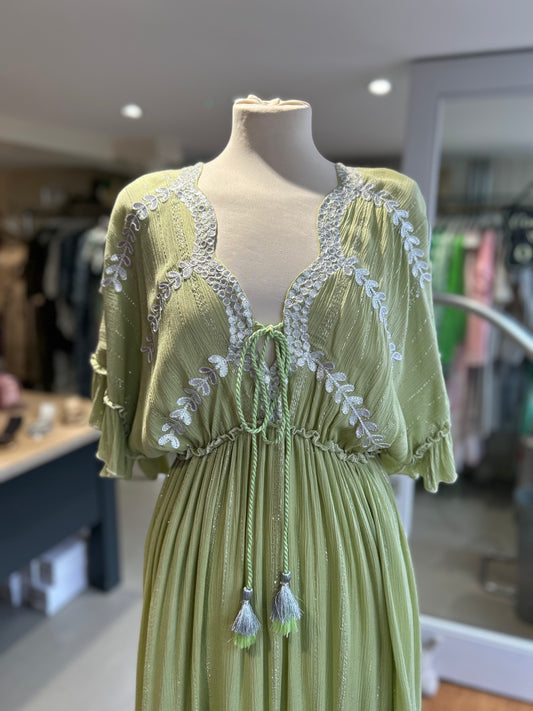 Embroidered Maxi Dress with Tassels - Green & Silver