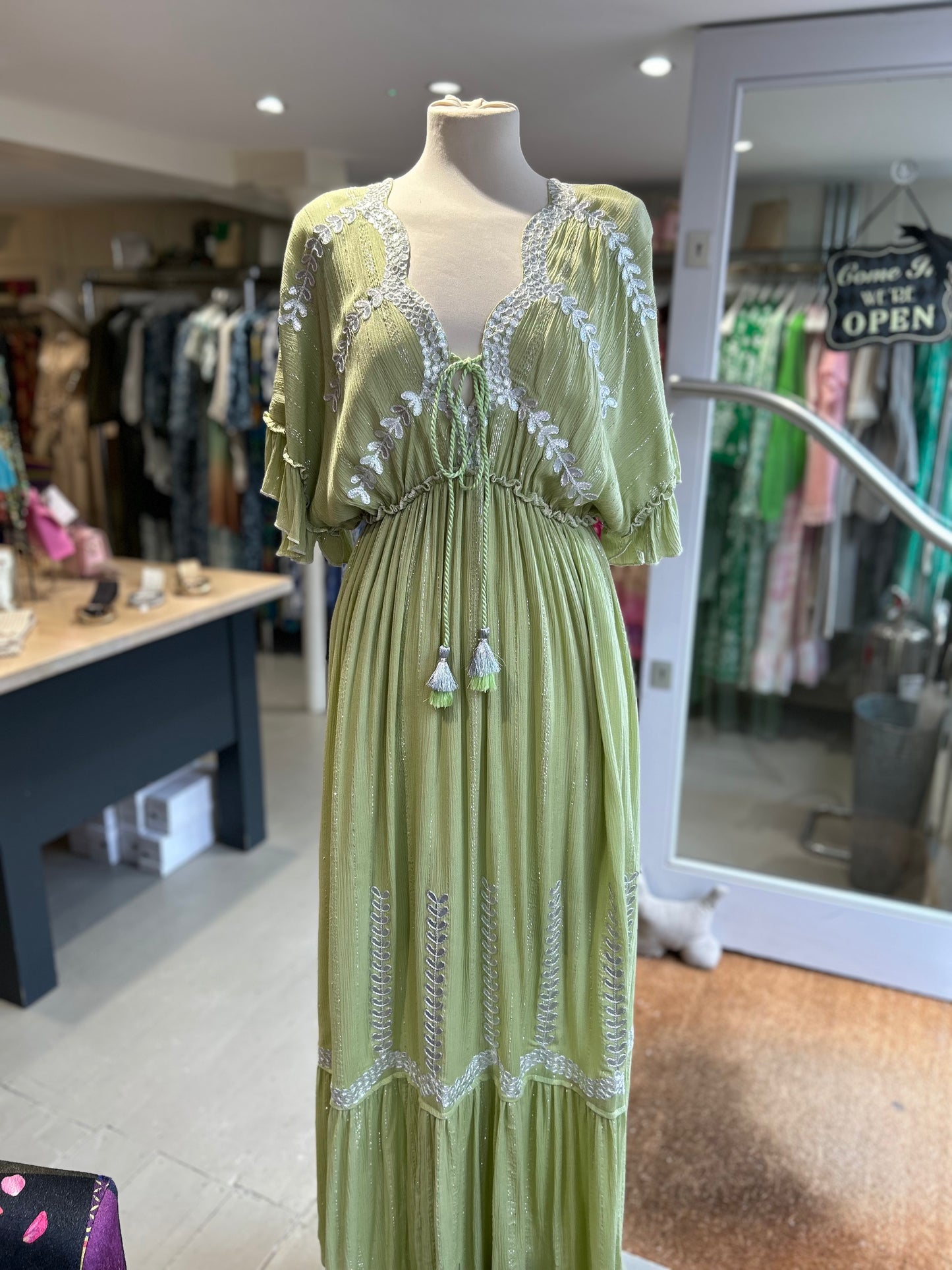 Embroidered Maxi Dress with Tassels - Green & Silver