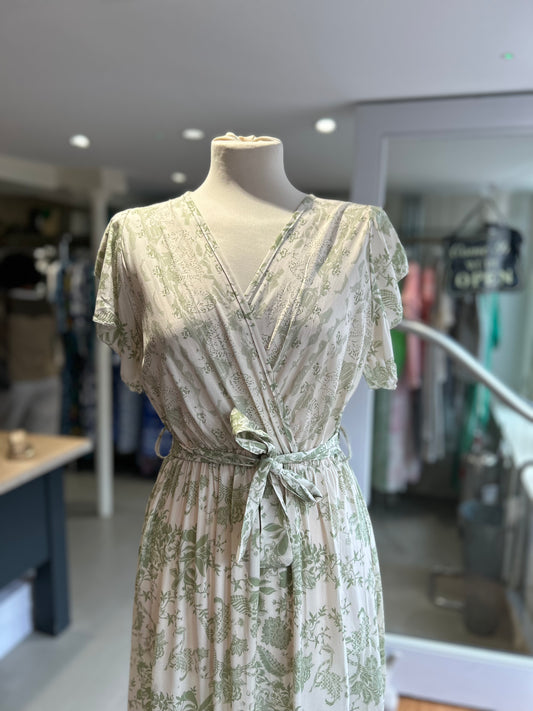 Short Sleeve Pattern Maxi Dress - Cream & Green