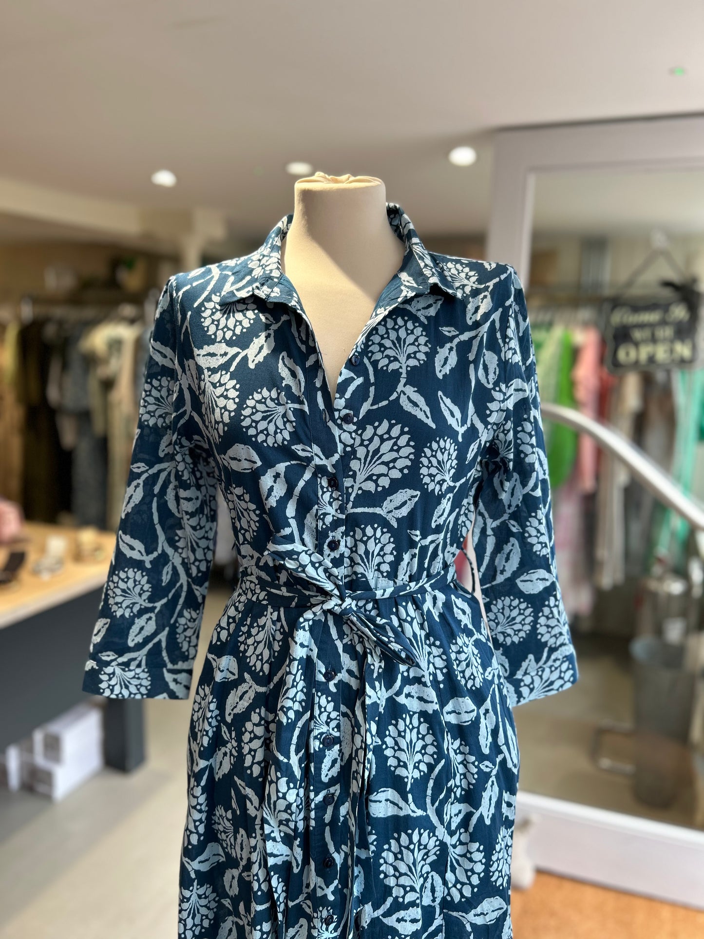 Mid-Sleeve Button Down Patterned Shirtdress - Navy & Sky Blue