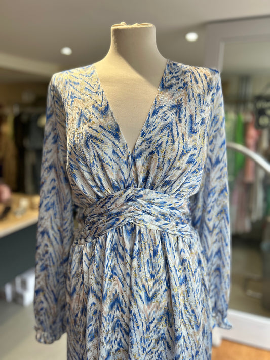 Bohemian Inspired Long-Sleeve V Neck Dress - Blue & Gold