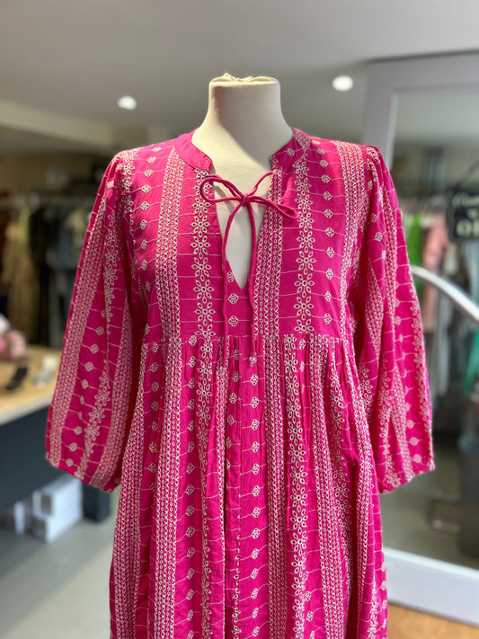Mid-Sleeve Embroidery Anglaise Maxi Dress - Pink & White