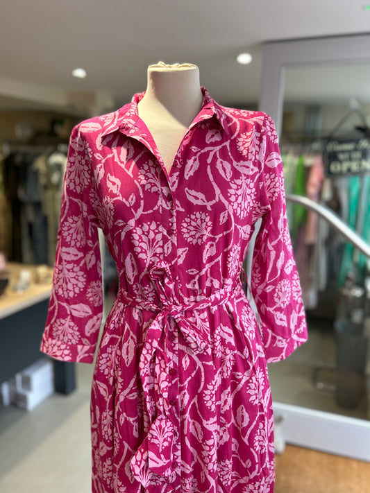 Mid-Sleeve Button Down Patterned Shirtdress - Raspberry & Pink