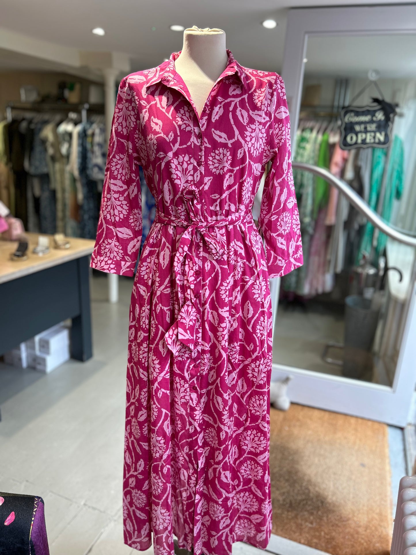 Mid-Sleeve Button Down Patterned Shirtdress - Raspberry & Pink
