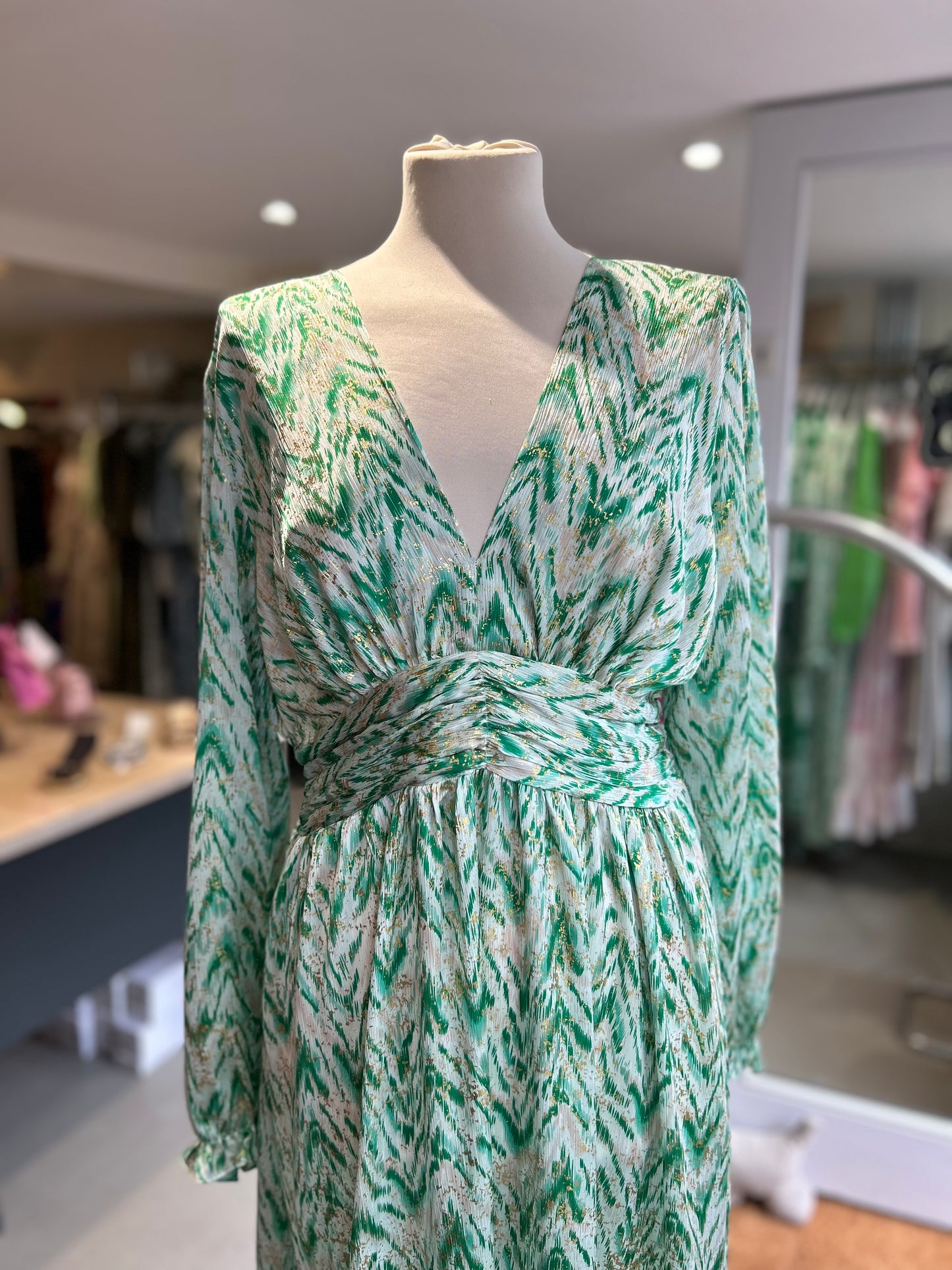 Bohemian Inspired Long-Sleeve V Neck Dress - Green & Gold
