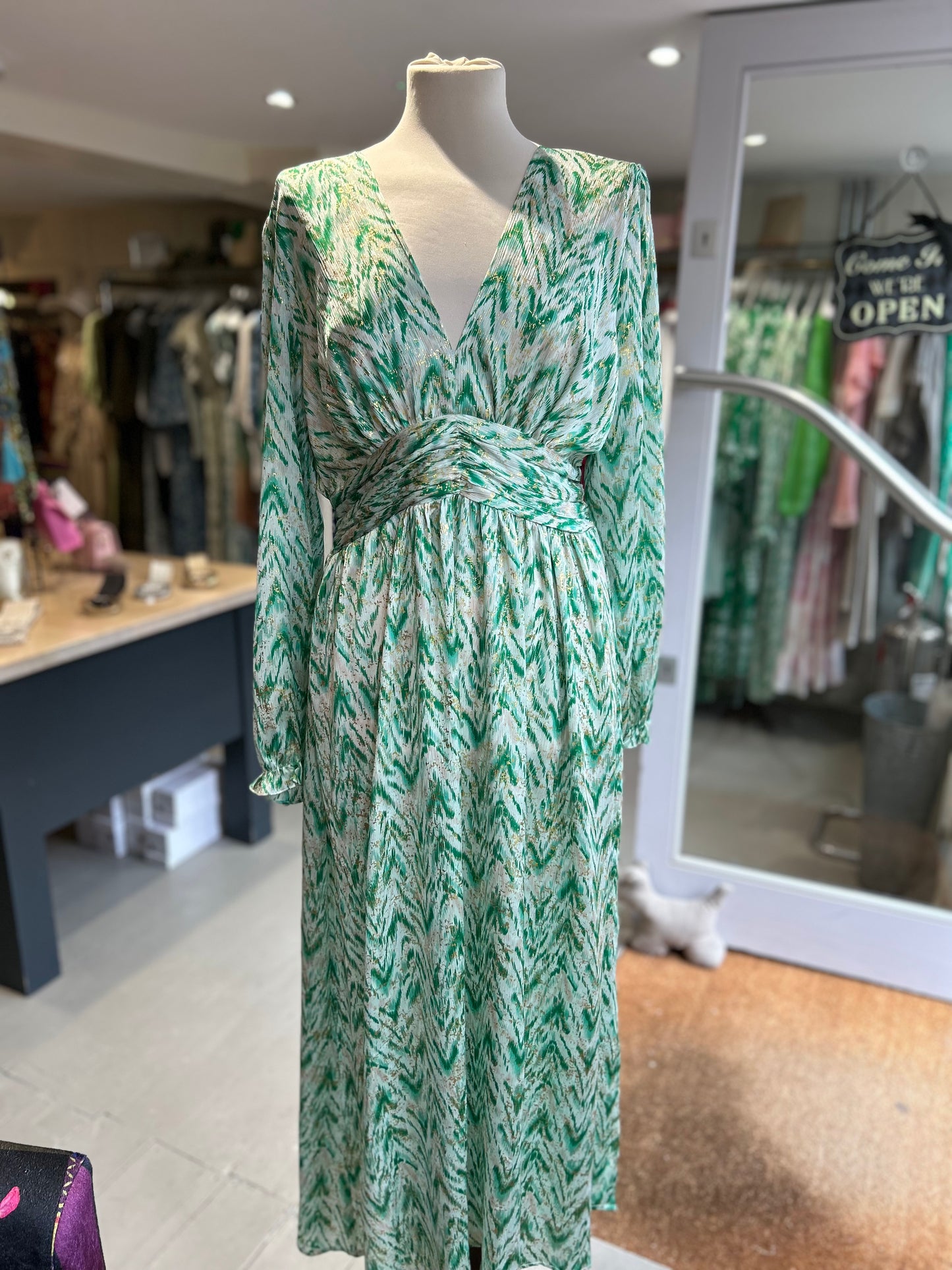 Bohemian Inspired Long-Sleeve V Neck Dress - Green & Gold