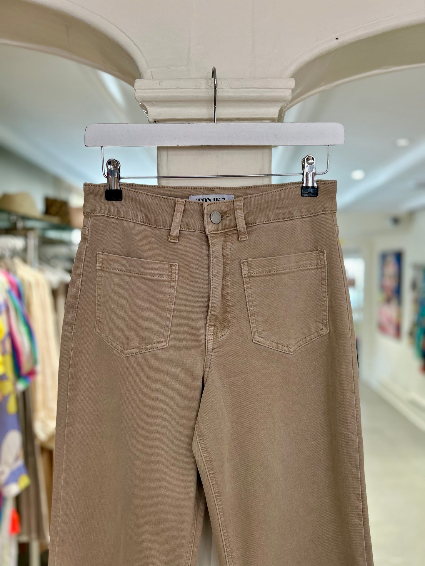 High Waisted Wide Leg Jeans with Front Pockets - Khaki