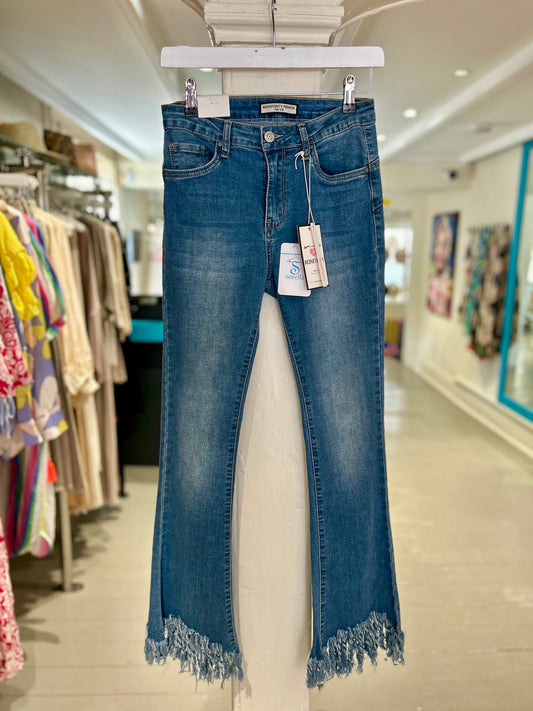 High Waisted Flared Jeans with Distressed Ankles - Mid Wash