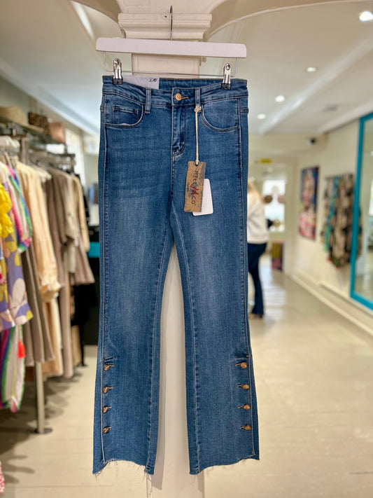 High Waisted Flared Jeans with Button Details - Mid Wash