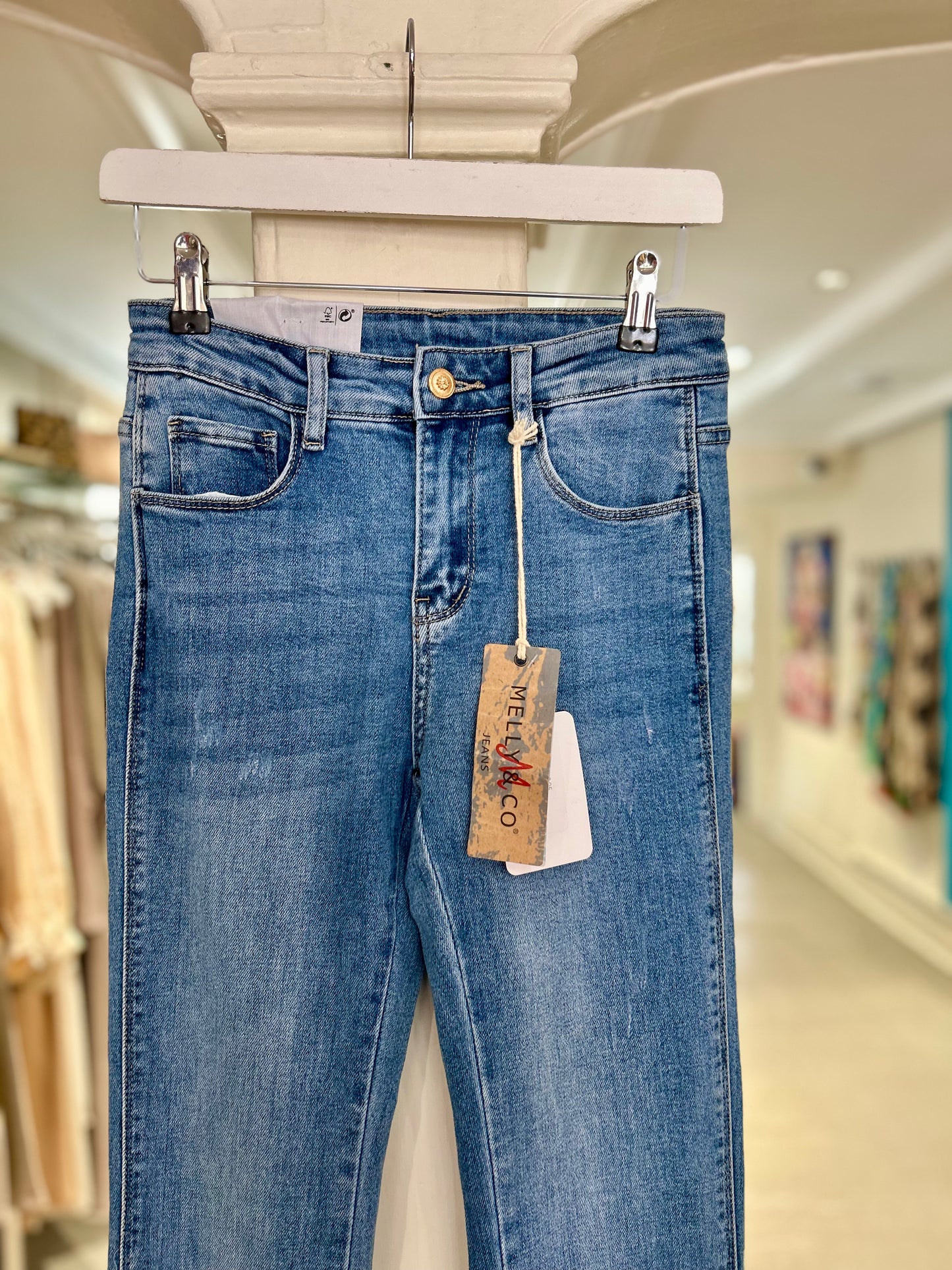 High Waisted Flared Jeans with Button Details - Mid Wash