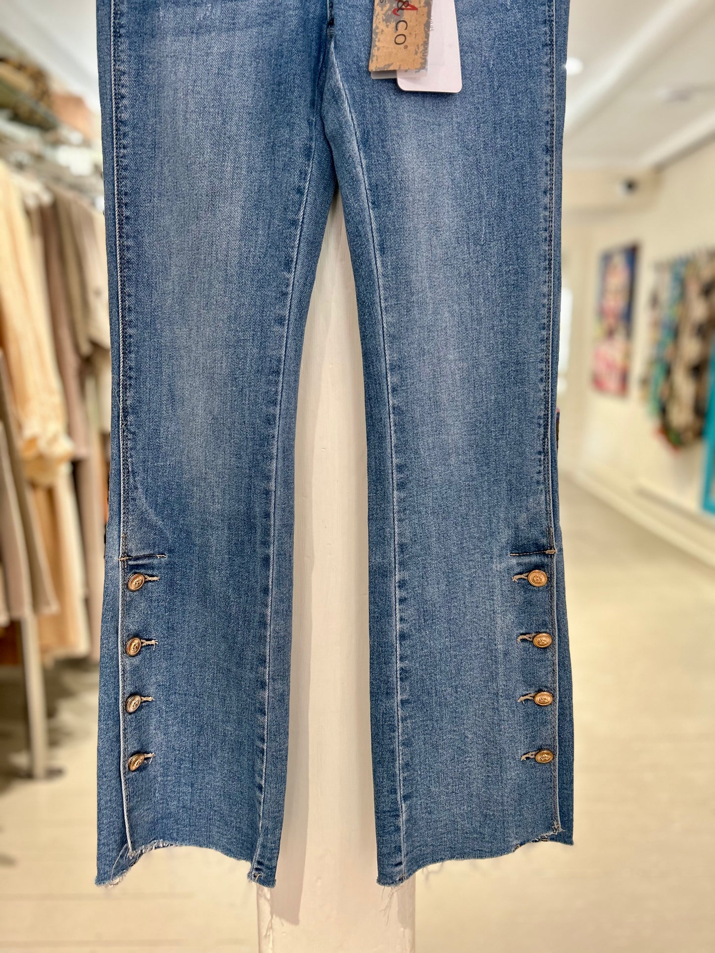 High Waisted Flared Jeans with Button Details - Mid Wash
