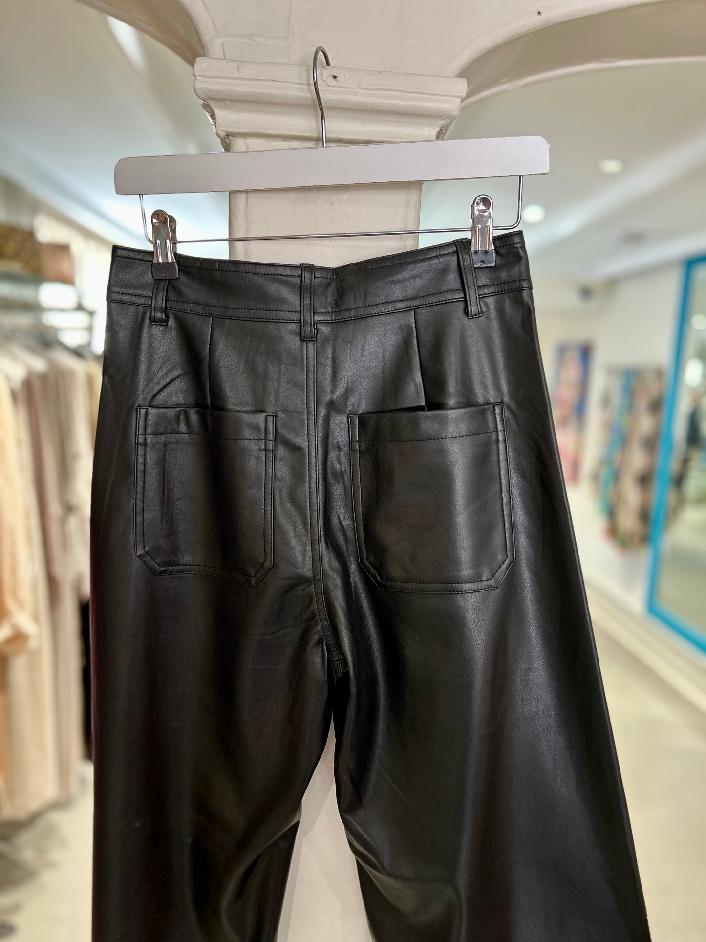 High Waisted Wide Leg Leather Trousers - Black