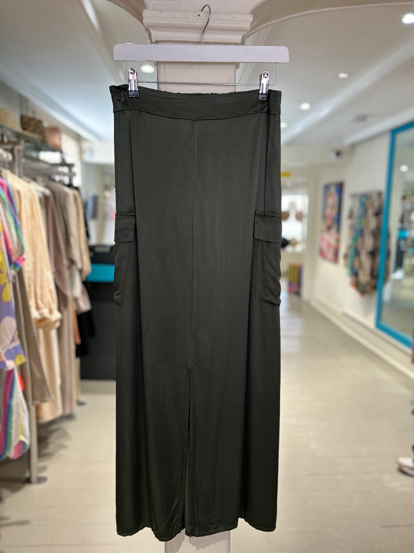 High Waisted Maxi Satin Skirt with Pockets - Olive Green