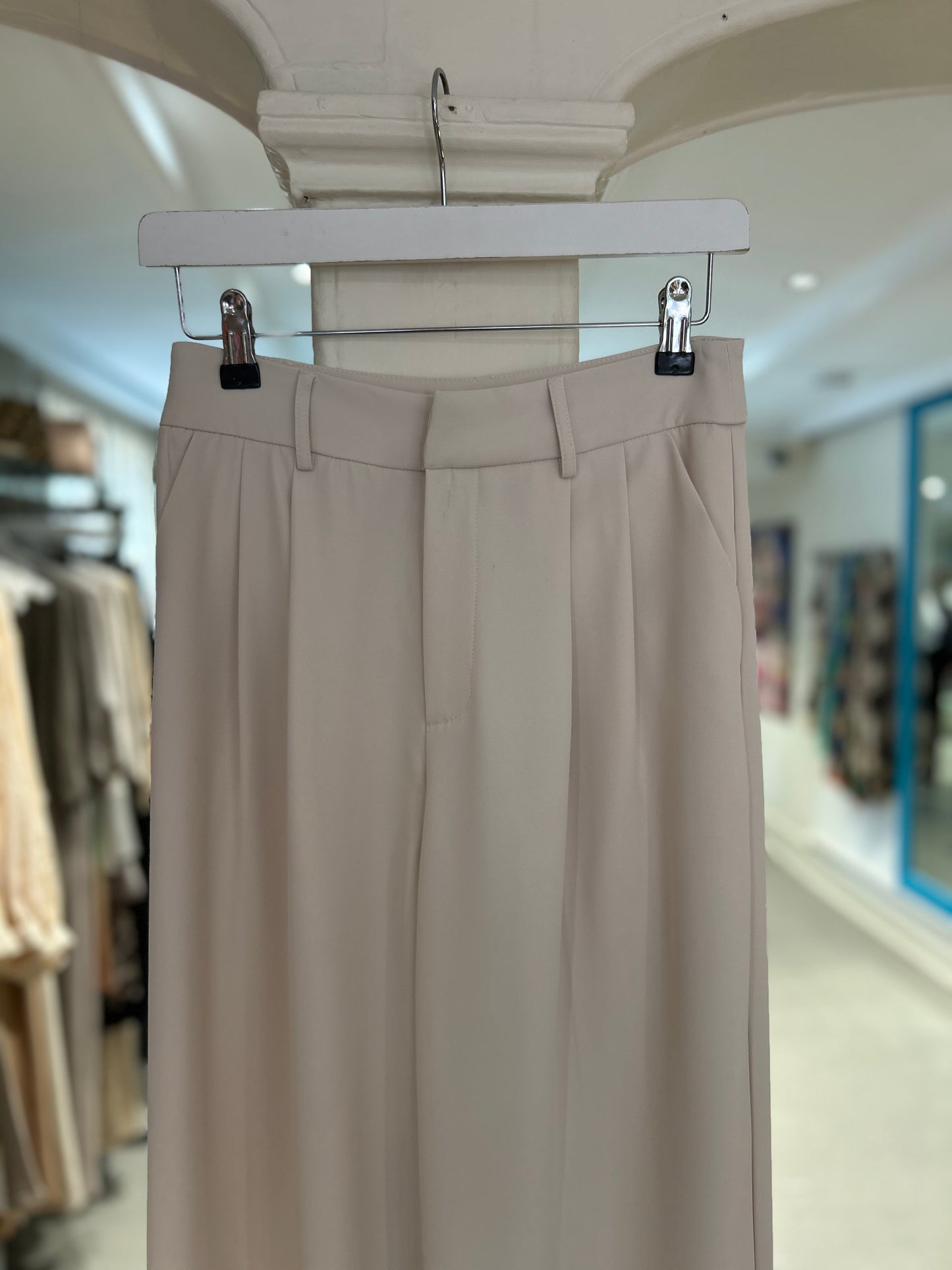 High Waisted Wide Leg Trousers - Beige