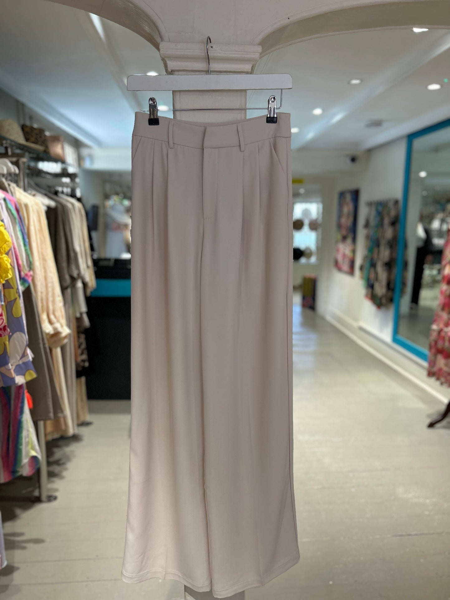 High Waisted Wide Leg Trousers - Beige