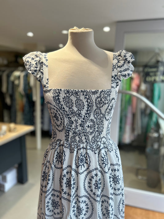 Frill Sleeve Pattern Maxi Dress - White & Navy