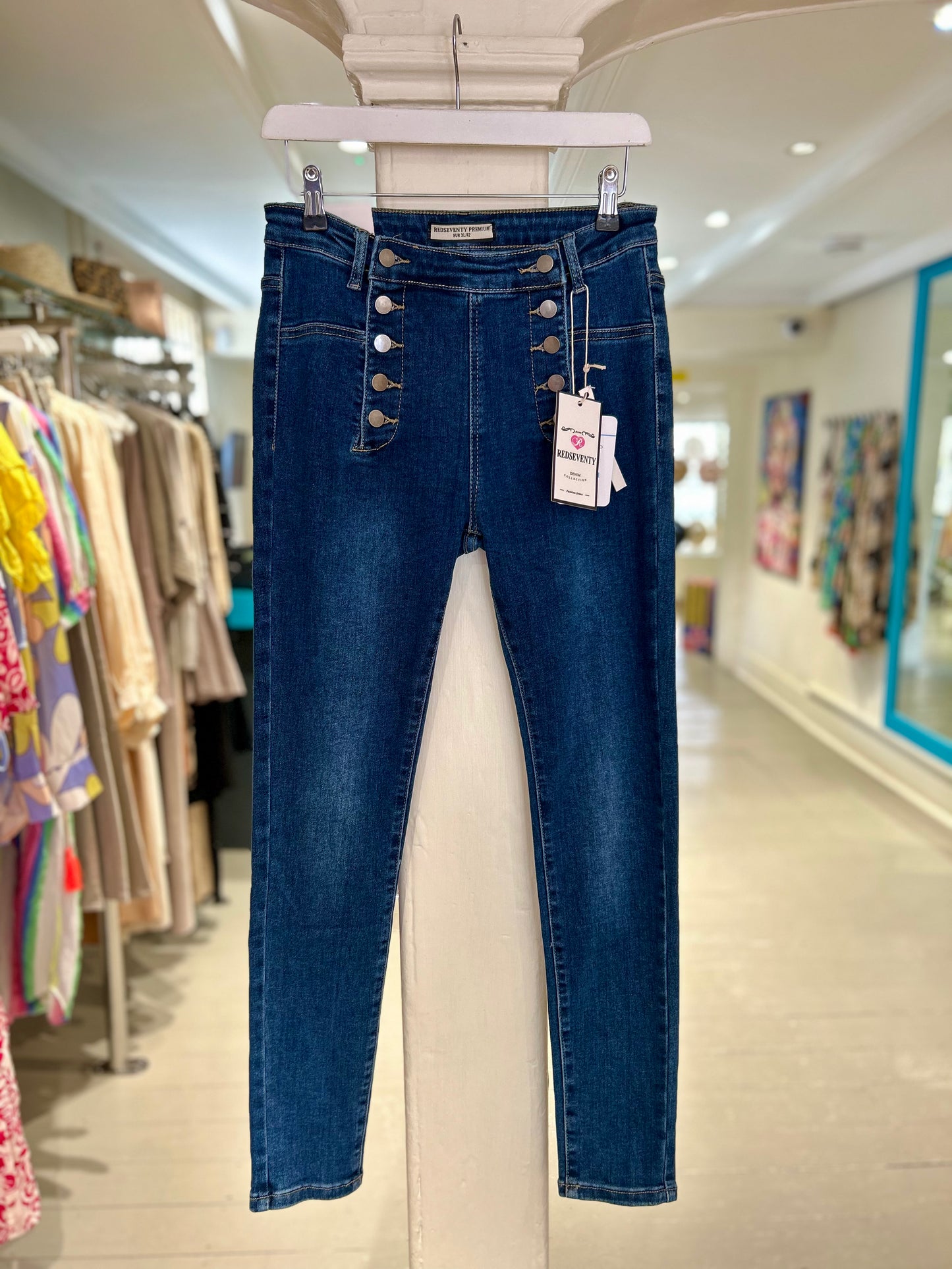 High Waisted Skinny Jeans with Button Details - Dark Wash