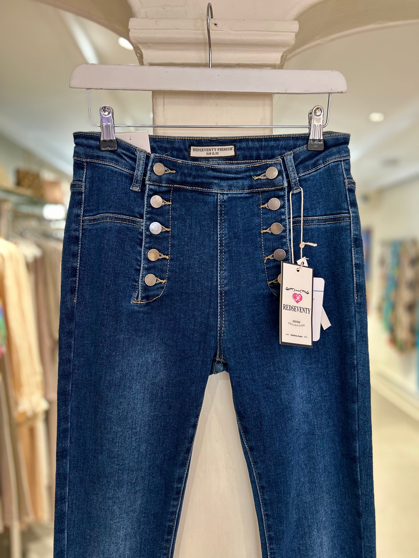 High Waisted Skinny Jeans with Button Details - Dark Wash