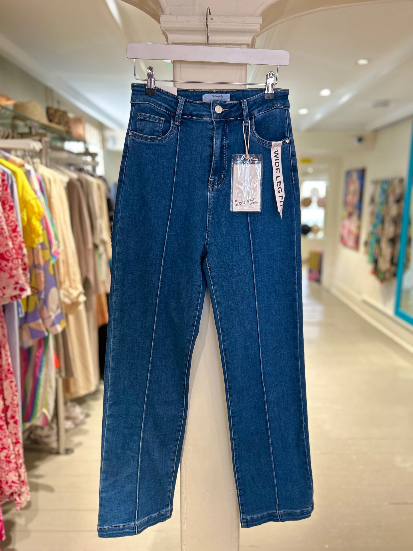 High Waisted Wide Leg Jeans with Front Seam - Dark Wash