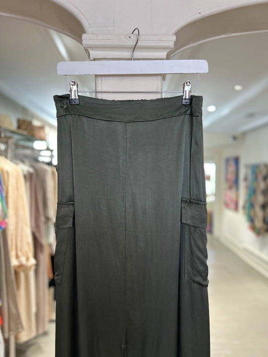 High Waisted Maxi Satin Skirt with Pockets - Olive Green